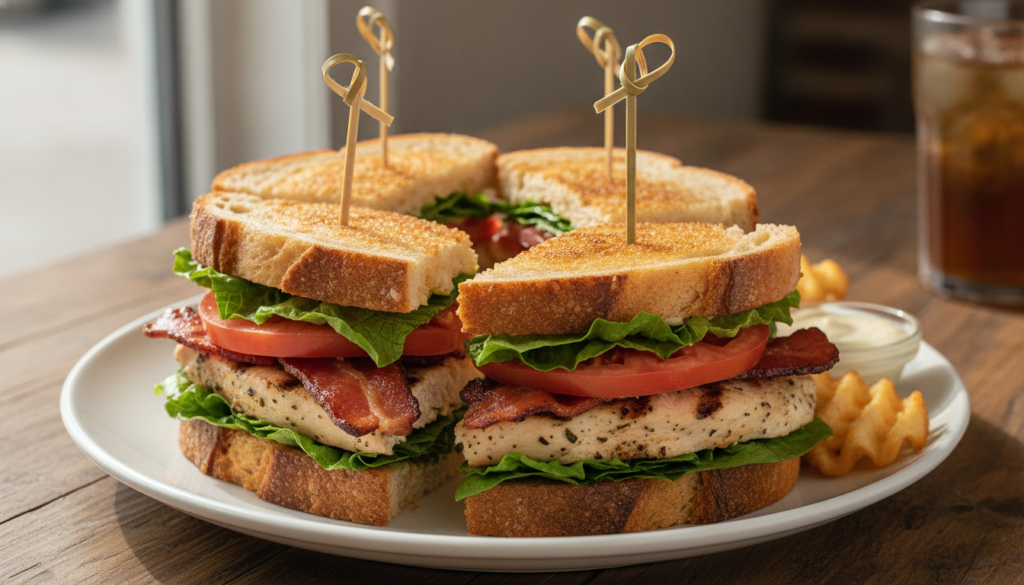 A towering classic chicken club sandwich with multiple layers of toasted bread grilled chicken crispy bacon fresh lettuc