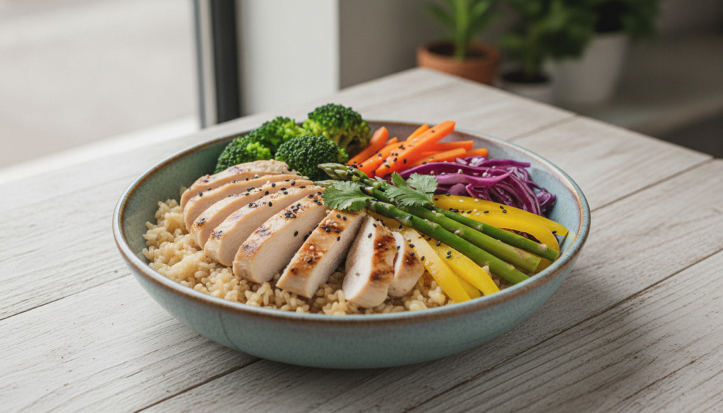 A vibrant healthy rice bowl filled with brown rice grilled chicken a generous portion of mixed steamed vegetables like b