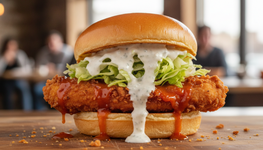 A vibrant Buffalo chicken sandwich with a crispy chicken fillet drenched in bright orange buffalo sauce topped with shre