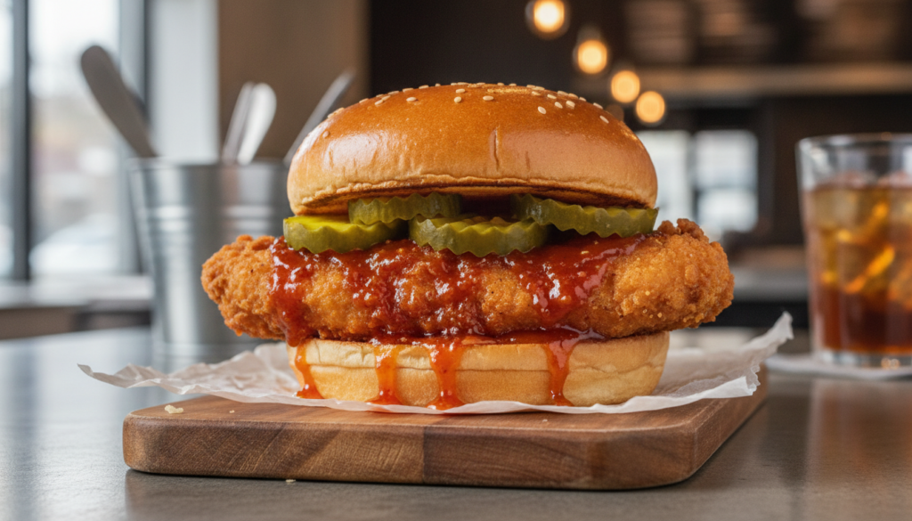 A tantalizing spicy honey sriracha chicken sandwich featuring a crispy chicken fillet glazed with a sticky reddish-orang