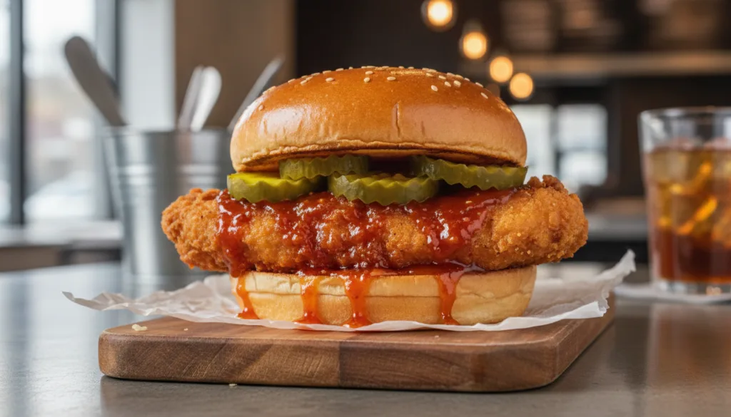 A tantalizing spicy honey sriracha chicken sandwich featuring a crispy chicken fillet glazed with a sticky reddish-orang