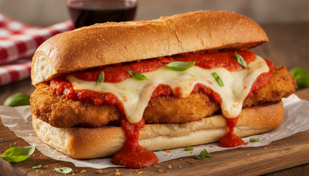 A delicious Chicken Parmesan Sandwich with a crispy breaded chicken cutlet melted provolone cheese and rich marinara sau