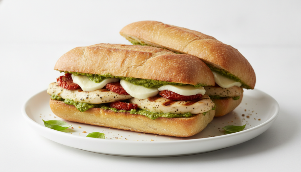 An elegant Pesto Chicken Sandwich with grilled chicken vibrant green pesto sun-dried tomatoes and melted mozzarella chee