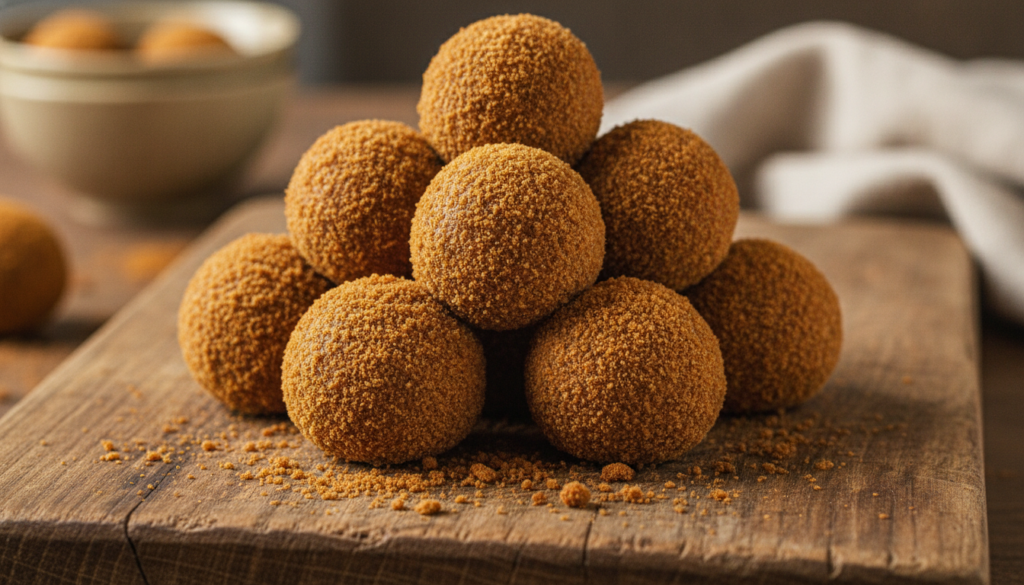 Small round Biscoff energy bites coated in crushed Biscoff crumbs arranged on a rustic wooden board