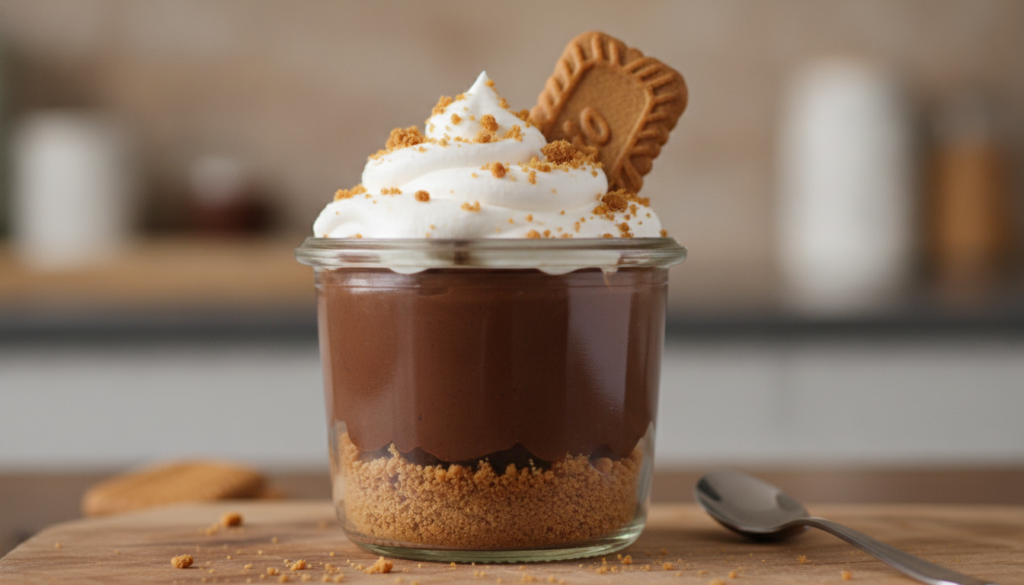 Individual Biscoff chocolate lasagna in a small clear jar showing distinct layers of Biscoff base chocolate pudding and