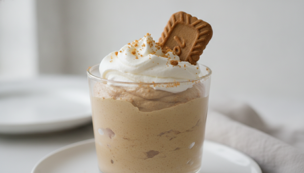 Light and airy Biscoff mousse served in a glass topped with whipped cream and a Biscoff biscuit