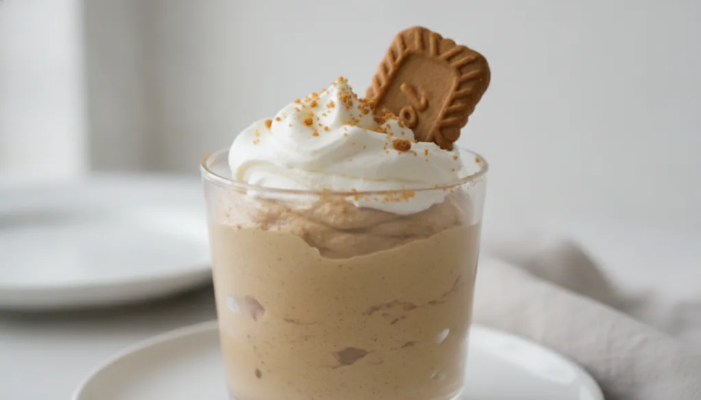Light and airy Biscoff mousse served in a glass topped with whipped cream and a Biscoff biscuit