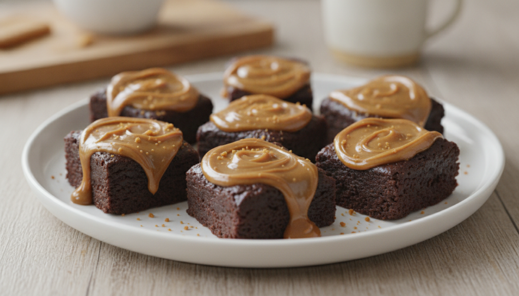 Rich fudgy no-bake Biscoff brownie bites with a drizzle of Biscoff spread on top placed on a white plate