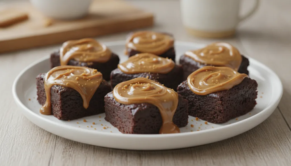 Rich fudgy no-bake Biscoff brownie bites with a drizzle of Biscoff spread on top placed on a white plate