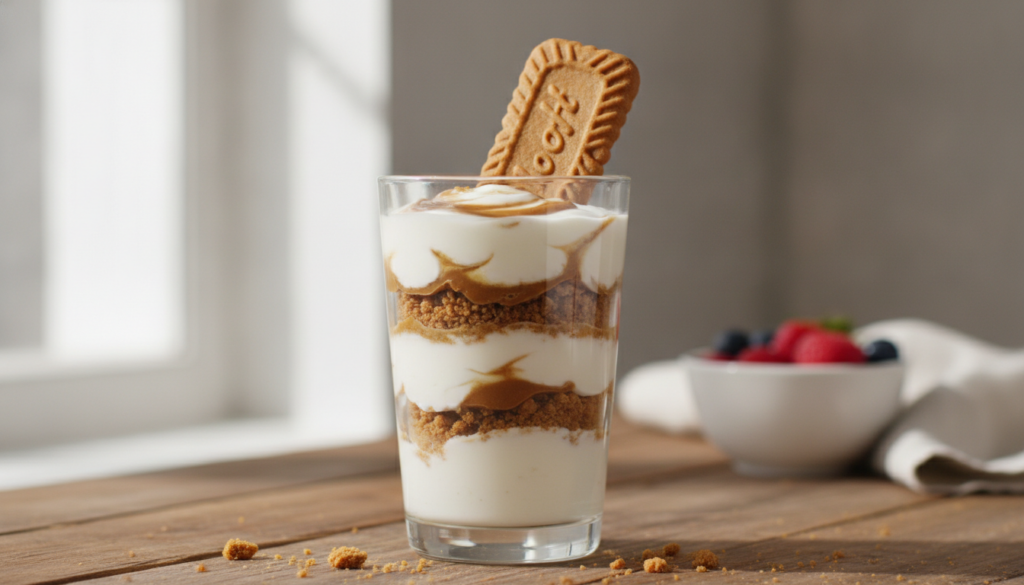 A vibrant Biscoff swirl yogurt parfait in a tall glass showing layers of creamy yogurt Biscoff crumbs and a Biscoff spre