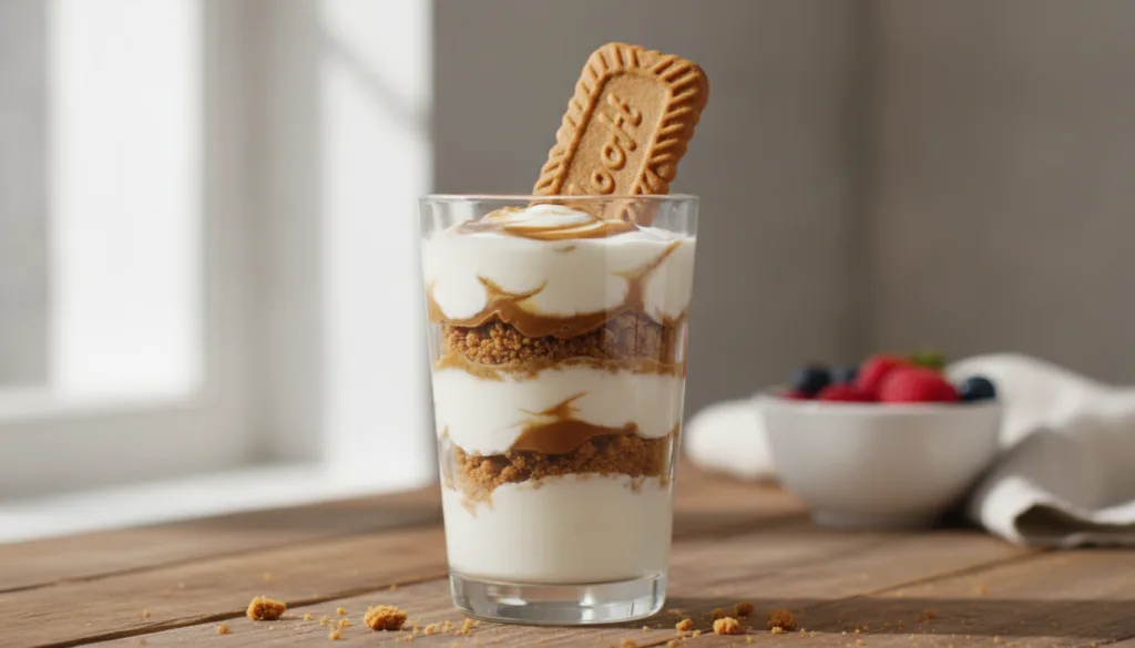 A vibrant Biscoff swirl yogurt parfait in a tall glass showing layers of creamy yogurt Biscoff crumbs and a Biscoff spre