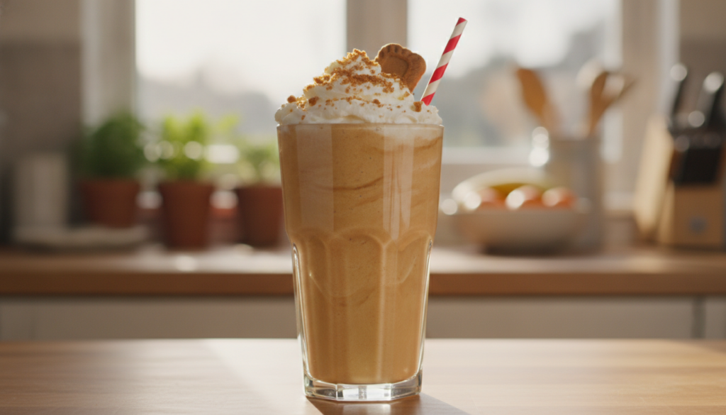 A creamy thick Biscoff cookie butter smoothie in a tall glass with a straw topped with a dollop of whipped cream and cru