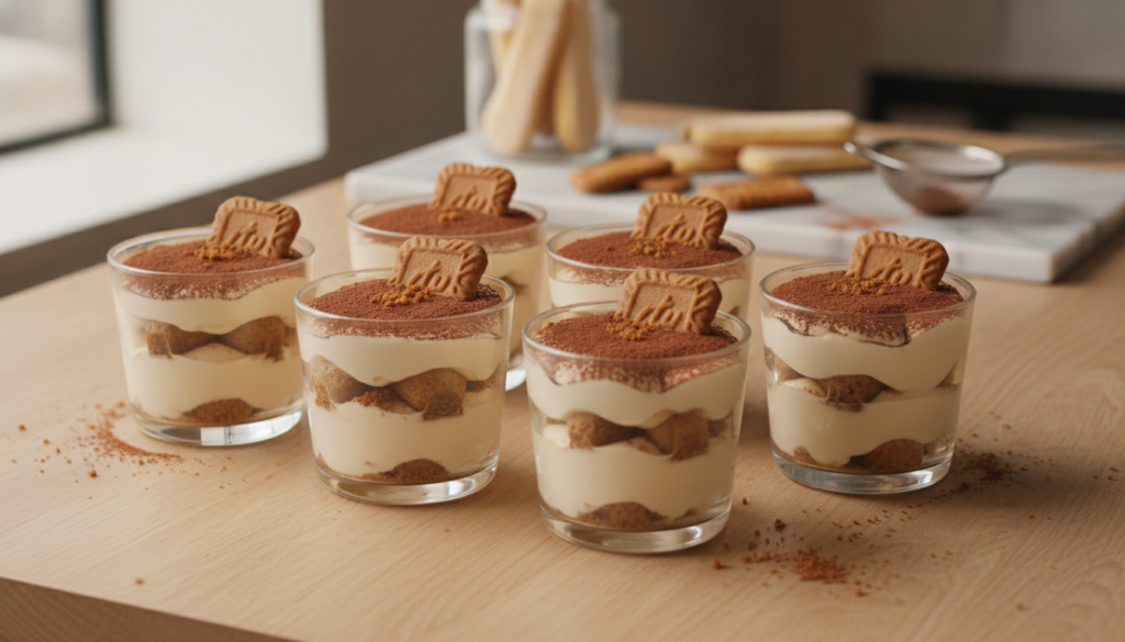 Mini Biscoff tiramisu cups with layers of Biscoff-soaked ladyfingers creamy mascarpone and a dusting of cocoa powder