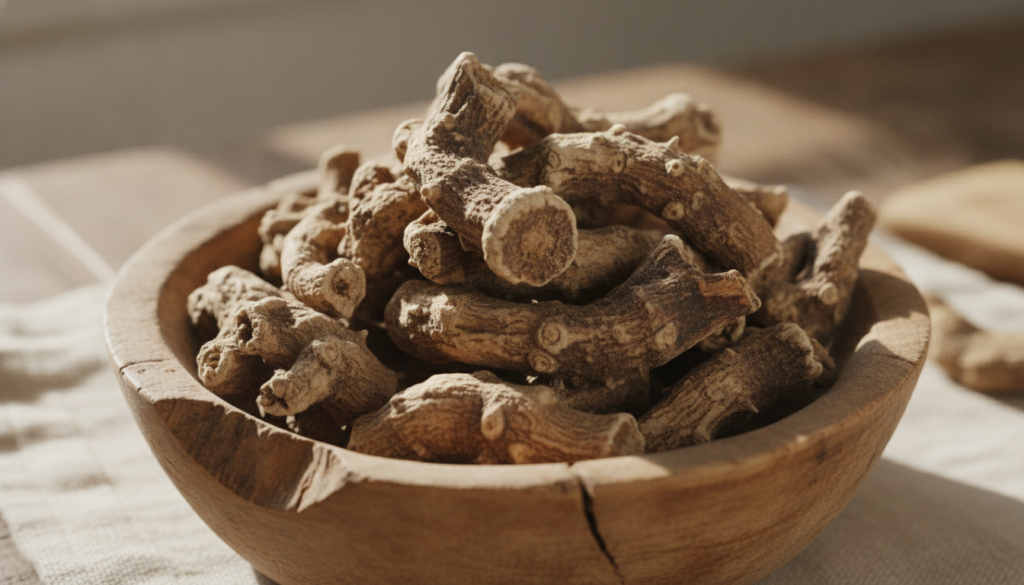 A close-up of dried Prickly Chaff Root pieces in a small wooden bowl showing their woody fibrous texture and light brown