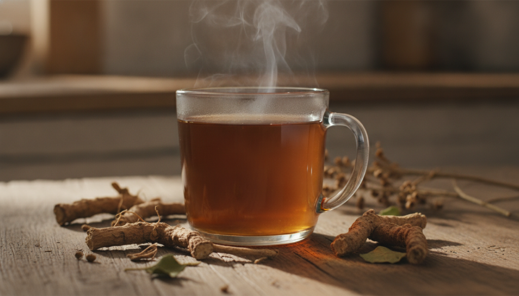 A clear glass mug filled with a warm amber-colored herbal decoction steaming gently placed on a wooden table with a few 
