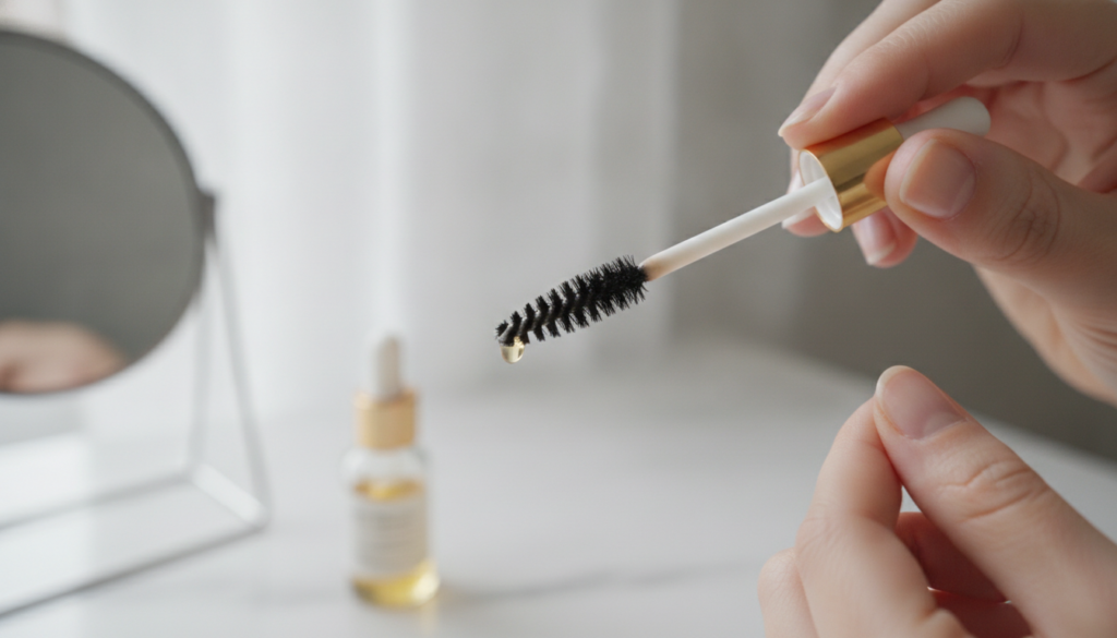 A small glass jar with golden liquid and a clean mascara wand A hand is carefully dabbing a tiny amount of the liquid on