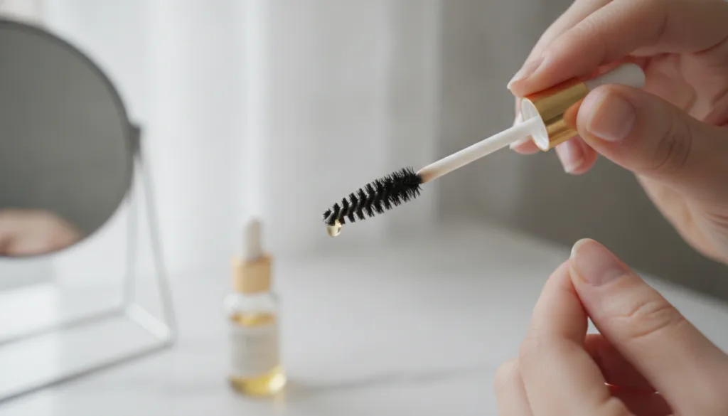 A small glass jar with golden liquid and a clean mascara wand A hand is carefully dabbing a tiny amount of the liquid on