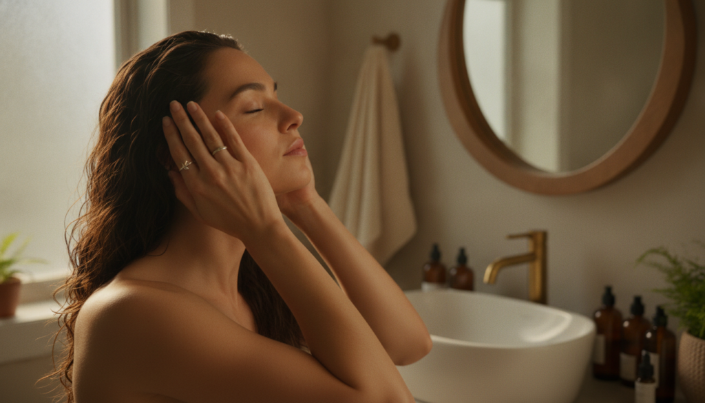 A woman gently massaging a natural oil into her scalp with her fingertips her eyes closed in relaxation showing a self-c