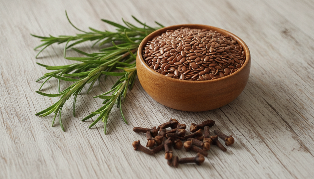 A collection of the natural ingredients for the recipe fresh rosemary sprigs a small wooden bowl of whole flaxseeds and 
