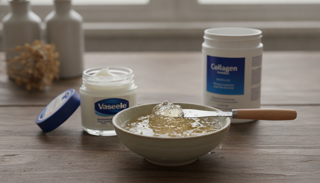 A close-up shot of a small bowl with a homemade gel-like substance alongside a jar of Vaseline a collagen powder contain