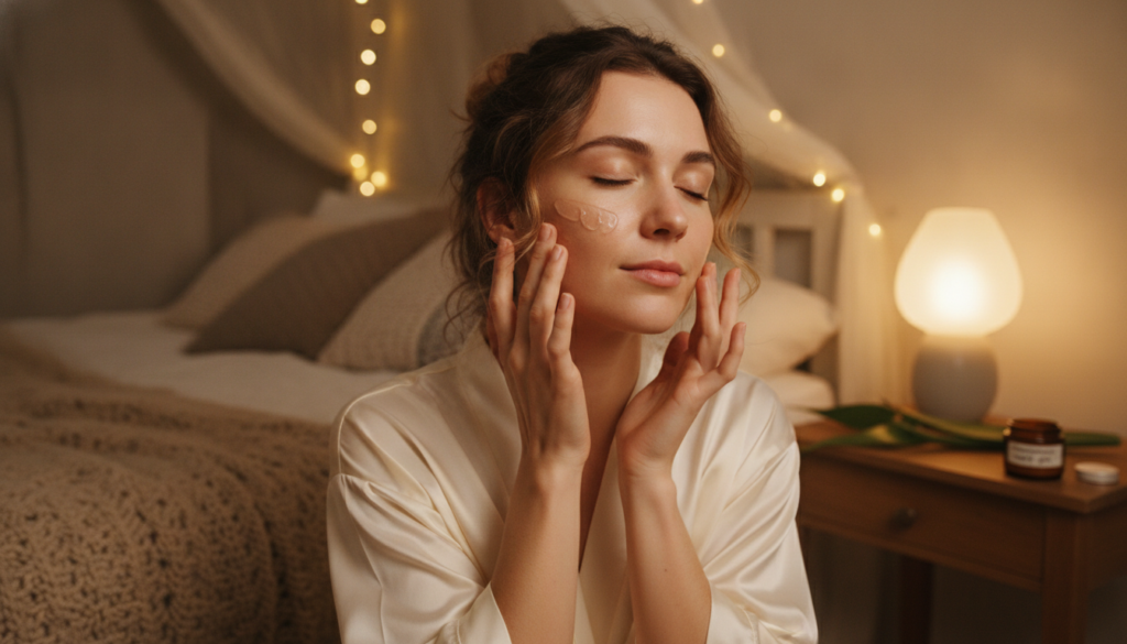 A woman applying a homemade collagen night gel to her face before bed her skin appearing soft and hydrated under warm so