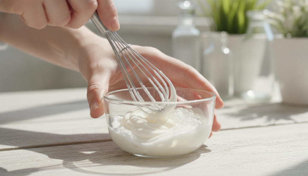 A hands-on shot of mixing ingredients in a bowl with a whisk showing the process of making the collagen night gel