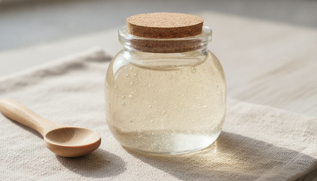 Close-up shot of a small glass jar containing the finished DIY Collagen Night Gel with a spoon or spatula nearby showcas