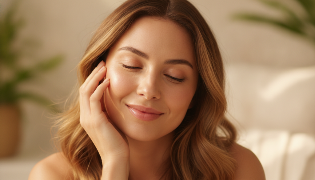 A radiant woman smiling touching her cheek showcasing healthy glowing skin with a soft warm aesthetic