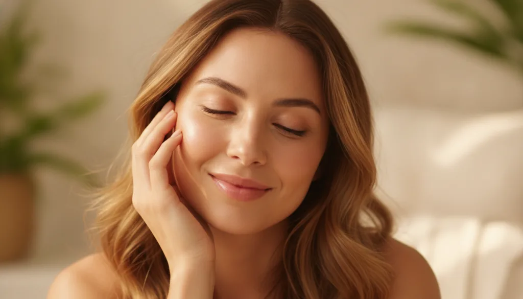 A radiant woman smiling touching her cheek showcasing healthy glowing skin with a soft warm aesthetic