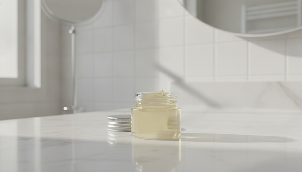 A small open jar of Vaseline petroleum jelly on a clean white vanity with soft lighting