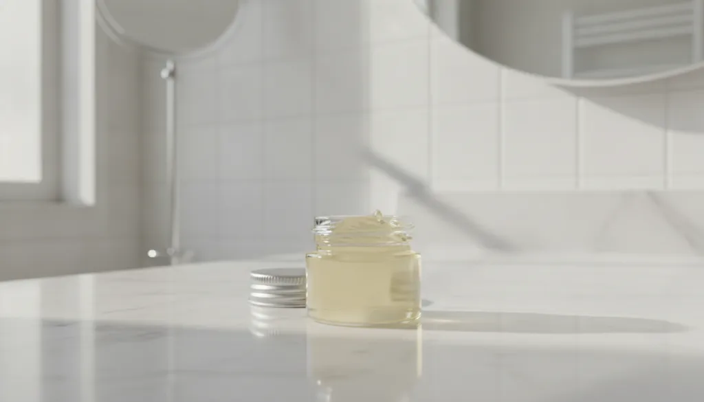 A small open jar of Vaseline petroleum jelly on a clean white vanity with soft lighting
