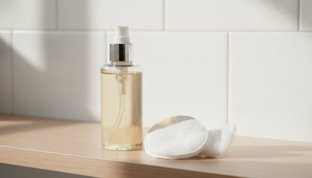 A bottle of baby oil next to a cotton pad demonstrating its use for gentle skincare
