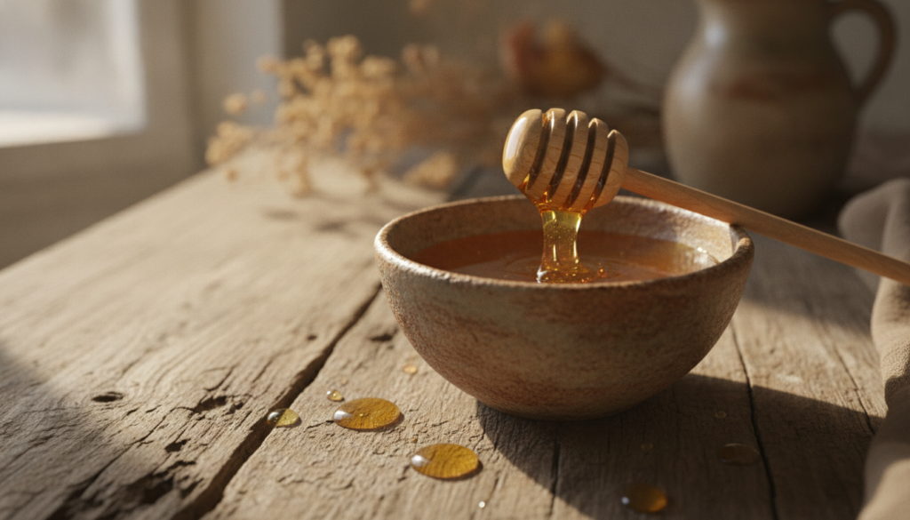 A small bowl of golden honey with a honey dipper surrounded by a few natural ingredients on a rustic wooden surface