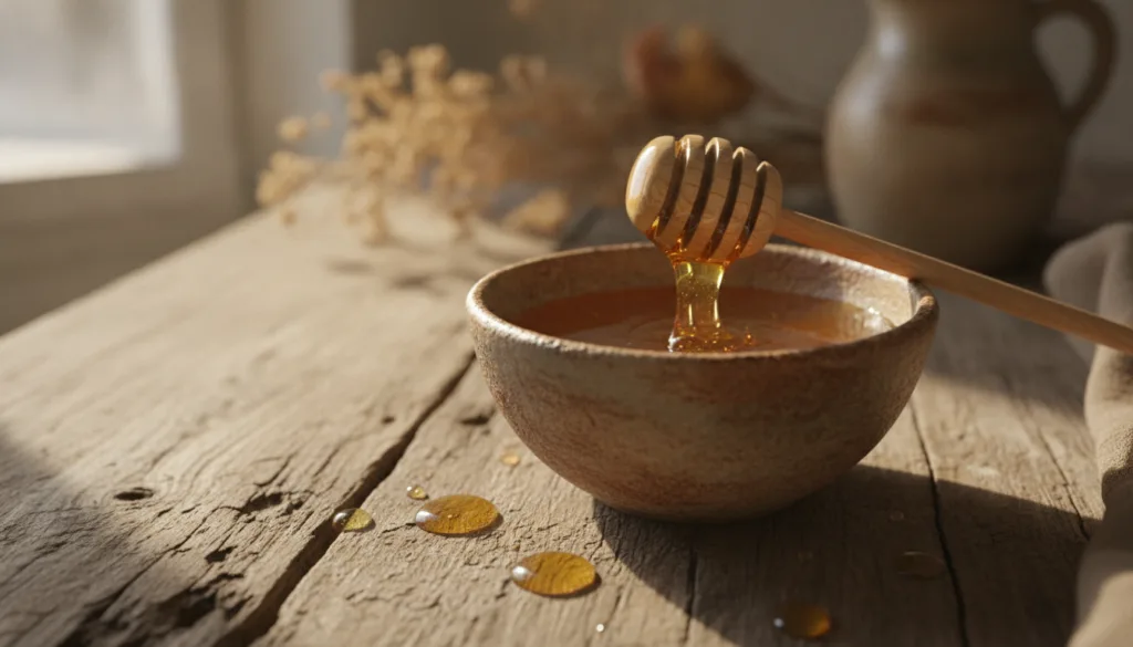 A small bowl of golden honey with a honey dipper surrounded by a few natural ingredients on a rustic wooden surface