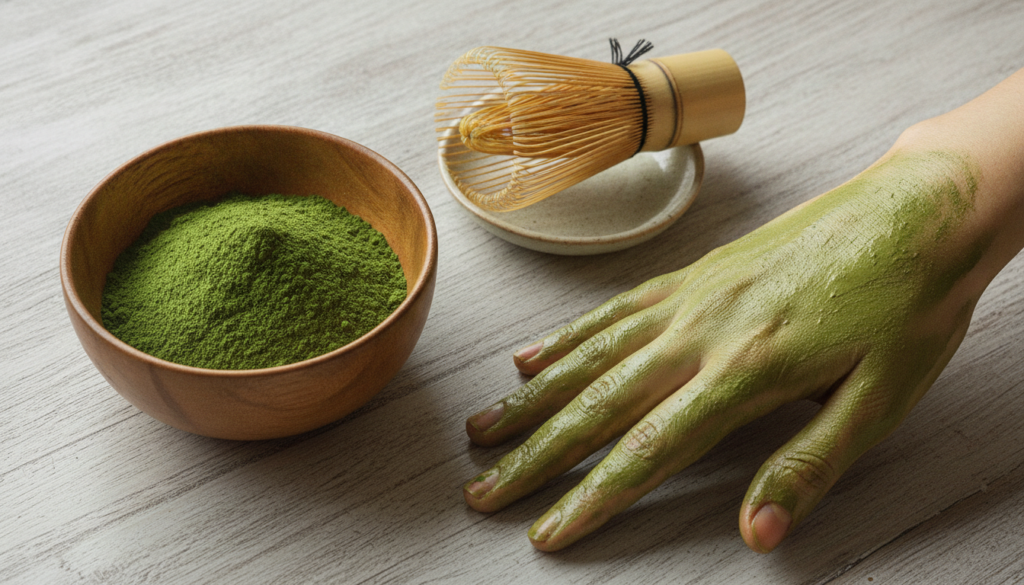 A small bowl of green matcha powder with a whisk and a matcha face mask applied to a hand