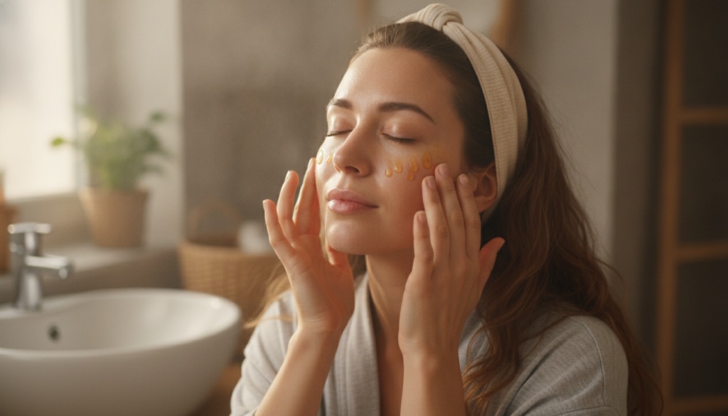 A woman gently massaging a few drops of oil into her face during her nightly skincare routine with soft warm lighting in