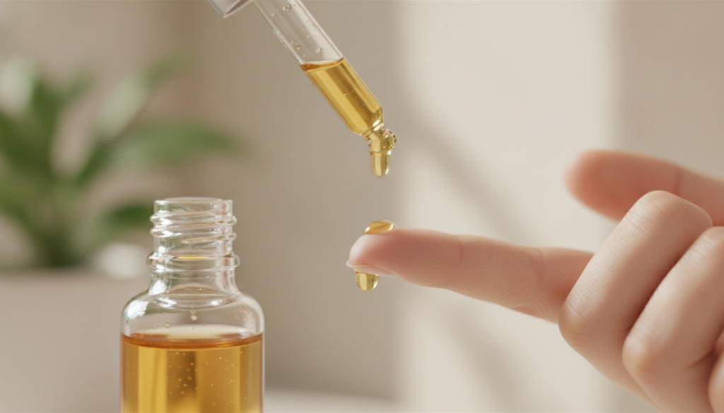 A close-up shot of a small glass dropper bottle filled with golden oil with two drops falling onto the tip of a woman s 