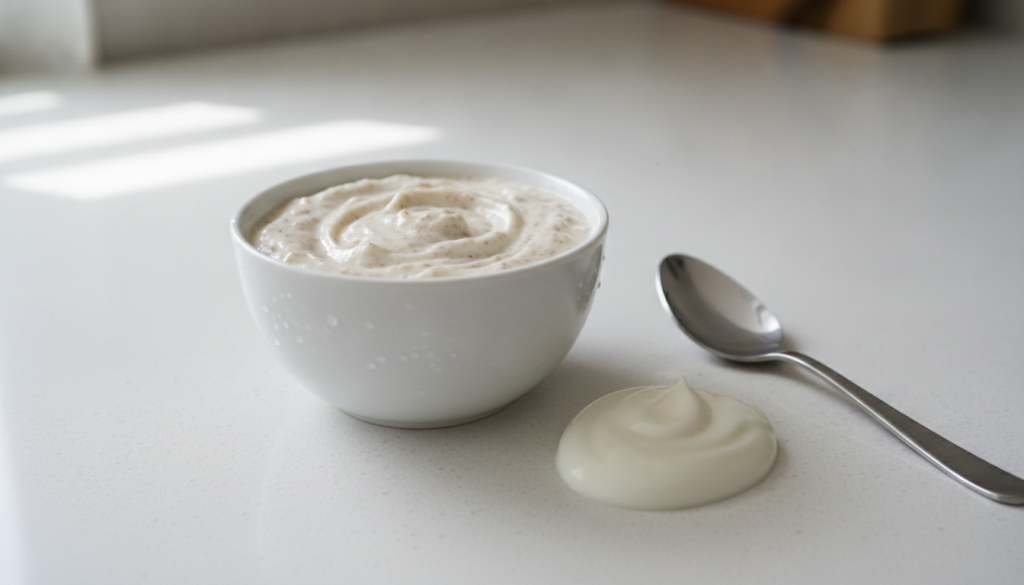 A small ceramic bowl with a clove and yogurt mixture alongside a spoon and some fresh yogurt suggesting a natural bright