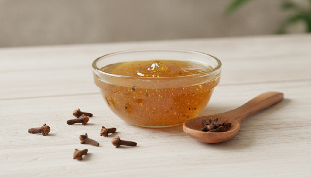 A small bowl with a honey and clove face mask mixture next to a spoon and a few whole cloves on a light wooden surface B