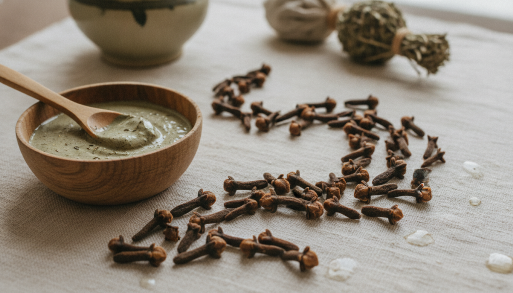 A close-up of dried cloves and a small wooden bowl with a natural face mask mixture implying natural skincare and DIY be