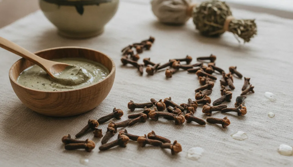 A close-up of dried cloves and a small wooden bowl with a natural face mask mixture implying natural skincare and DIY be