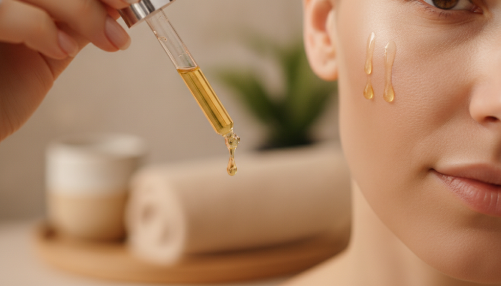 A woman s hand gently applying a few drops of homemade collagen oil onto her cheek with a soft warm glow on her skin and