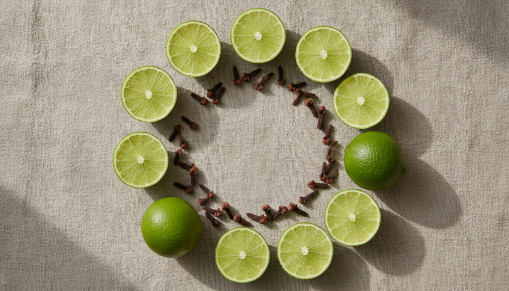 A flat lay of fresh green lime halves and whole dried cloves on a light textured background emphasizing their natural be