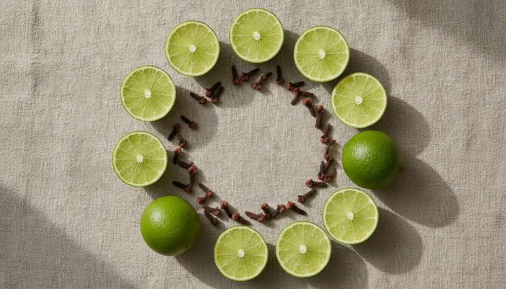 A flat lay of fresh green lime halves and whole dried cloves on a light textured background emphasizing their natural be