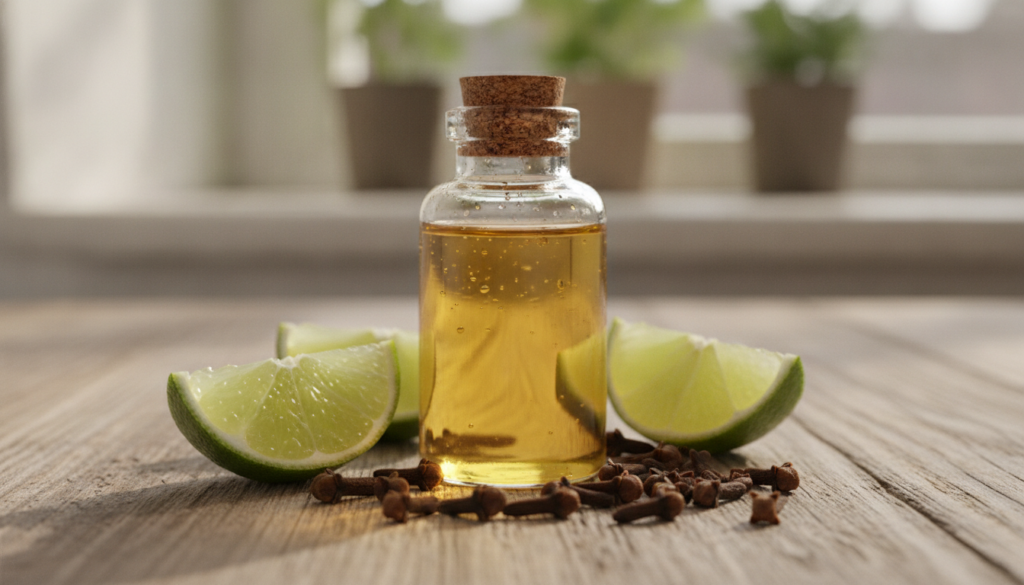 A close-up shot of a small glass bottle filled with a golden homemade collagen oil surrounded by fresh lime slices and d