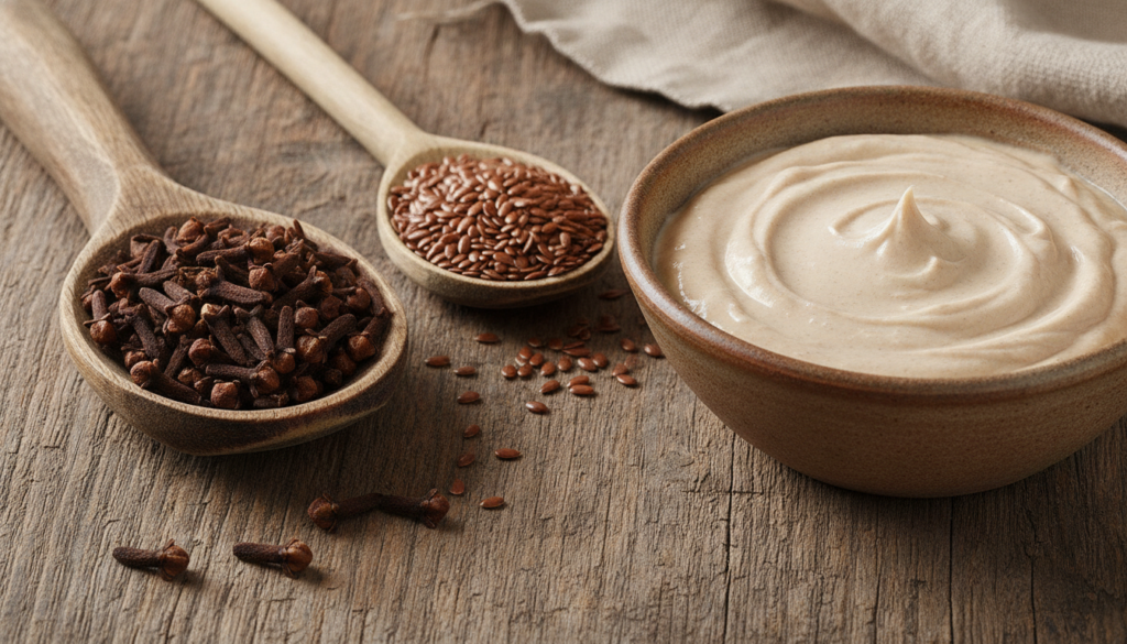 A close-up of a wooden spoon filled with whole cloves and another spoon with flax seeds with a bowl of a homemade natura