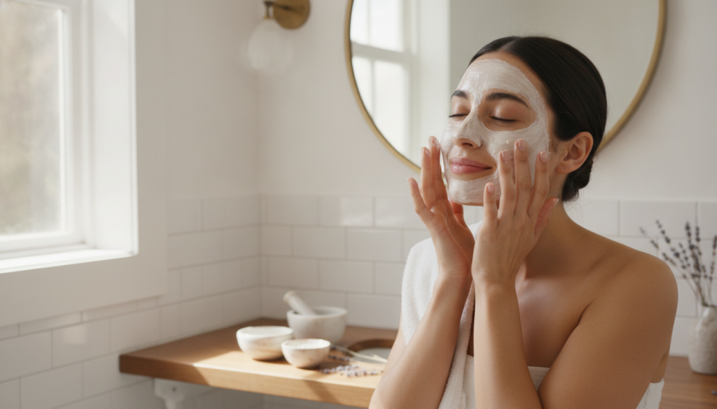 A woman gently applying a homemade rice and baby oil mask to her face with her fingertips smiling softly in a bright nat