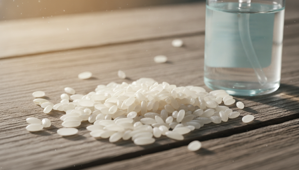 A close-up shot of raw rice grains next to a small bottle of baby oil on a rustic wooden surface with soft warm lighting
