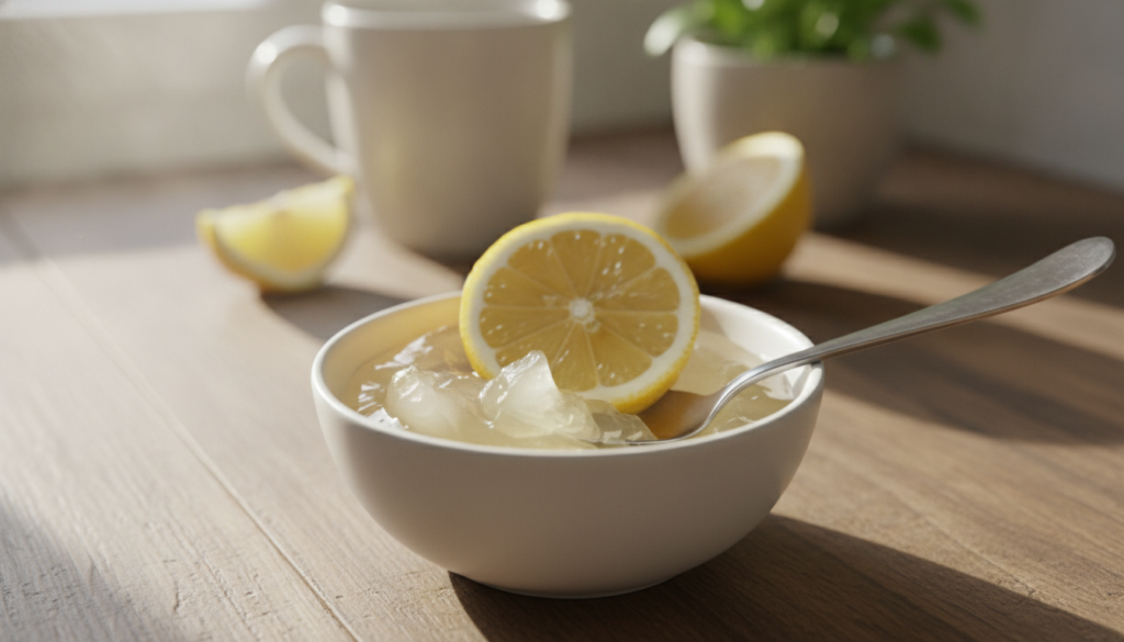 A close-up shot of a small bowl containing petroleum jelly and a slice of fresh lemon with a spoon for mixing The backgr