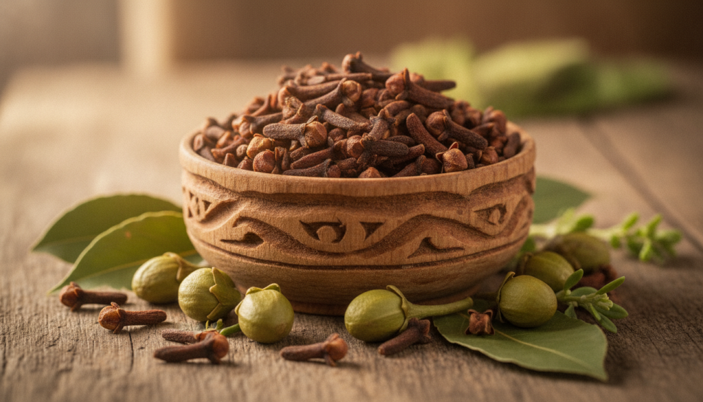 A close-up shot of dried cloves in a small wooden bowl surrounded by fresh cloves and perhaps a few green leaves with a 